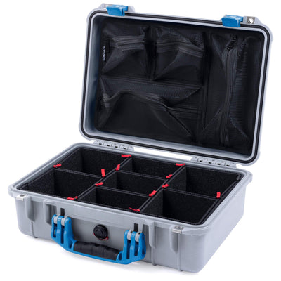 Pelican 1500 Case, Silver with Blue Handle & Latches TrekPak Divider System with Mesh Lid Organizer ColorCase 015000-0120-180-120