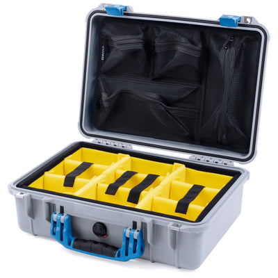 Pelican 1500 Case, Silver with Blue Handle & Latches Yellow Padded Microfiber Dividers with Mesh Lid Organizer ColorCase 015000-0110-180-120