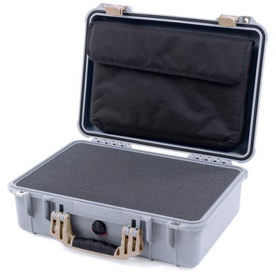 Pelican 1500 Case, Silver with Desert Tan Handle & Latches Pick & Pluck Foam with Computer Pouch ColorCase 015000-0201-180-310