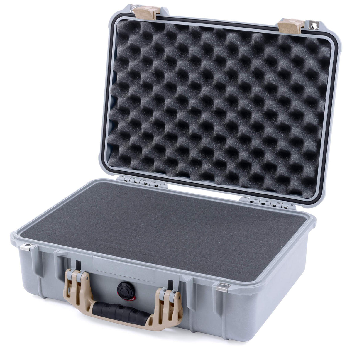 Pelican 1500 Case, Silver with Desert Tan Handle &amp; Latches Pick &amp; Pluck Foam with Convolute Lid Foam ColorCase 015000-0001-180-310