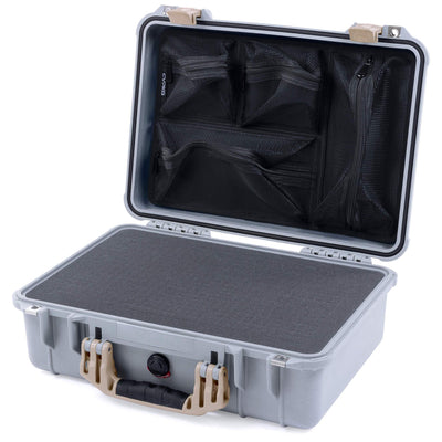 Pelican 1500 Case, Silver with Desert Tan Handle & Latches Pick & Pluck Foam with Mesh Lid Organizer ColorCase 015000-0101-180-310