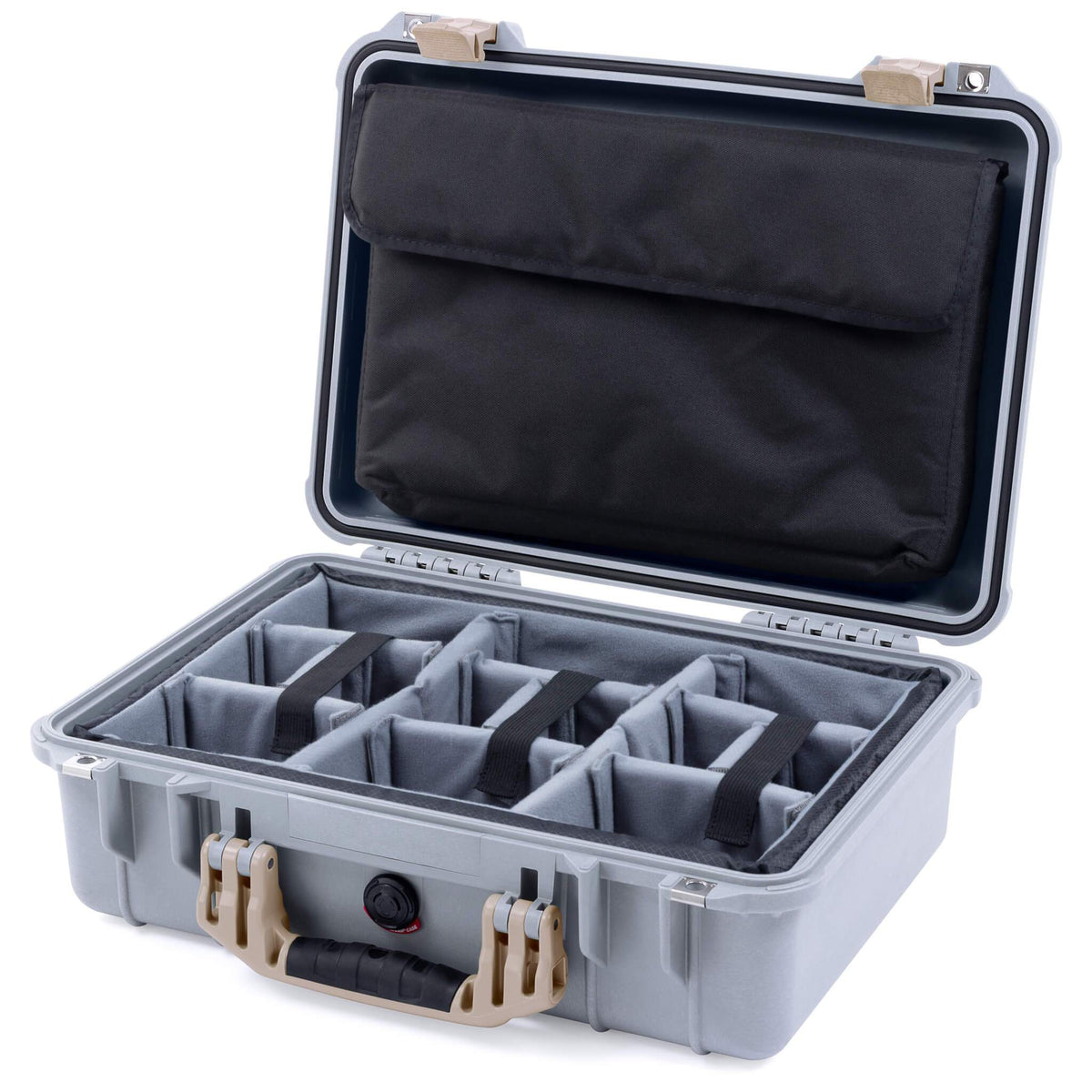 Pelican 1500 Case, Silver with Desert Tan Handle &amp; Latches Gray Padded Microfiber Dividers with Computer Pouch ColorCase 015000-0270-180-310