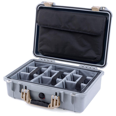 Pelican 1500 Case, Silver with Desert Tan Handle & Latches Gray Padded Microfiber Dividers with Computer Pouch ColorCase 015000-0270-180-310