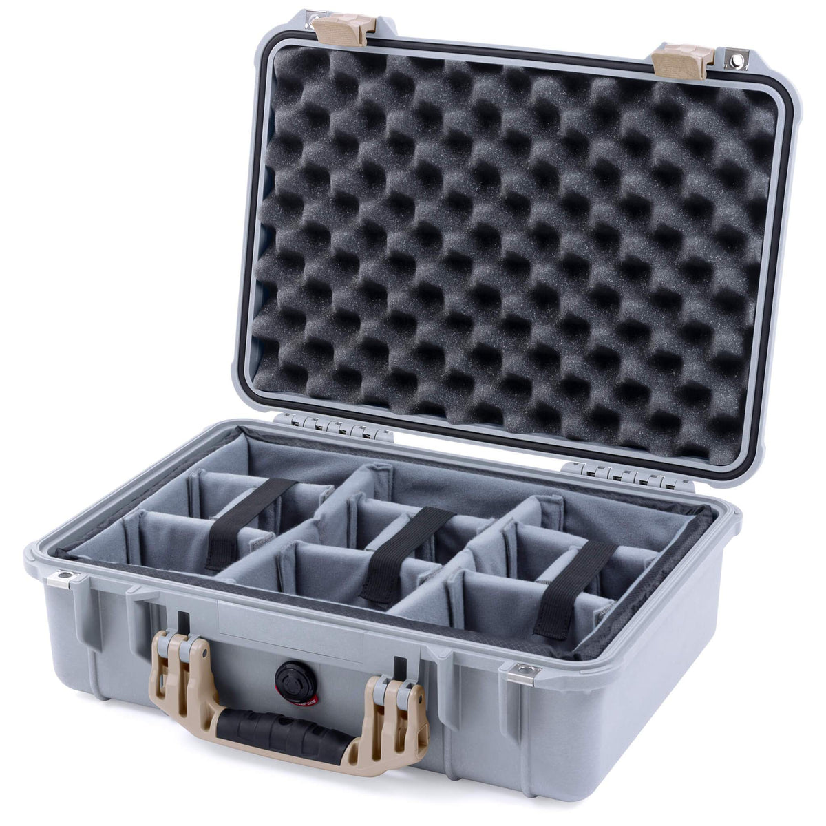 Pelican 1500 Case, Silver with Desert Tan Handle &amp; Latches Gray Padded Microfiber Dividers with Convolute Lid Foam ColorCase 015000-0070-180-310