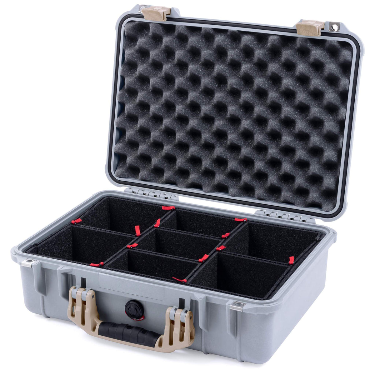 Pelican 1500 Case, Silver with Desert Tan Handle &amp; Latches TrekPak Divider System with Convolute Lid Foam ColorCase 015000-0020-180-310