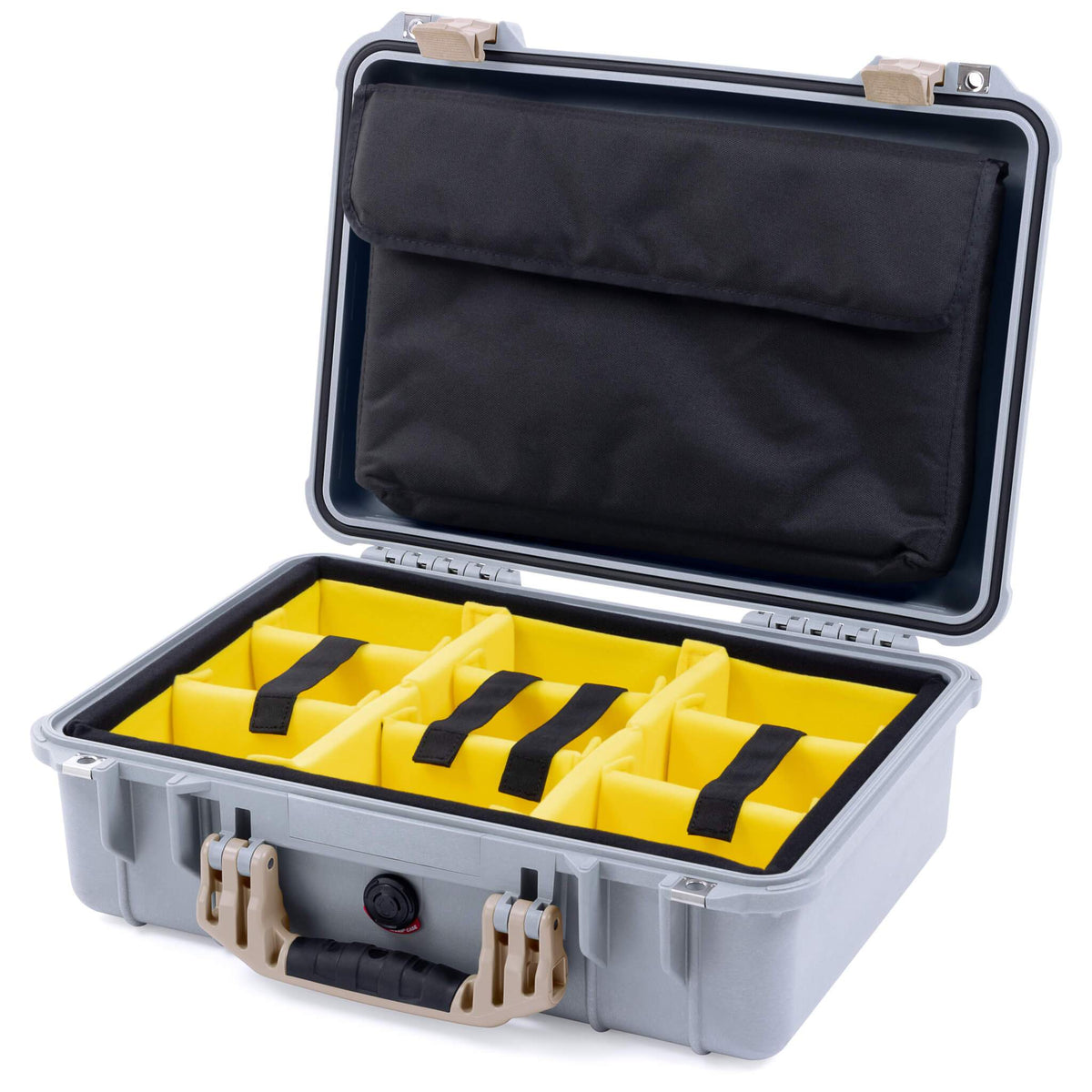 Pelican 1500 Case, Silver with Desert Tan Handle &amp; Latches Yellow Padded Microfiber Dividers with Computer Pouch ColorCase 015000-0210-180-310