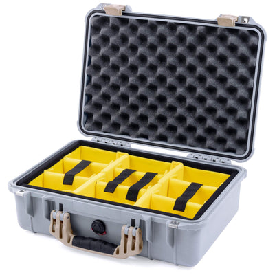 Pelican 1500 Case, Silver with Desert Tan Handle & Latches Yellow Padded Microfiber Dividers with Convolute Lid Foam ColorCase 015000-0010-180-310