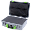 Pelican 1500 Case, Silver with Lime Green Handle & Latches Pick & Pluck Foam with Computer Pouch ColorCase 015000-0201-180-300