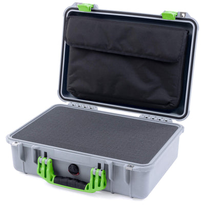 Pelican 1500 Case, Silver with Lime Green Handle & Latches Pick & Pluck Foam with Computer Pouch ColorCase 015000-0201-180-300