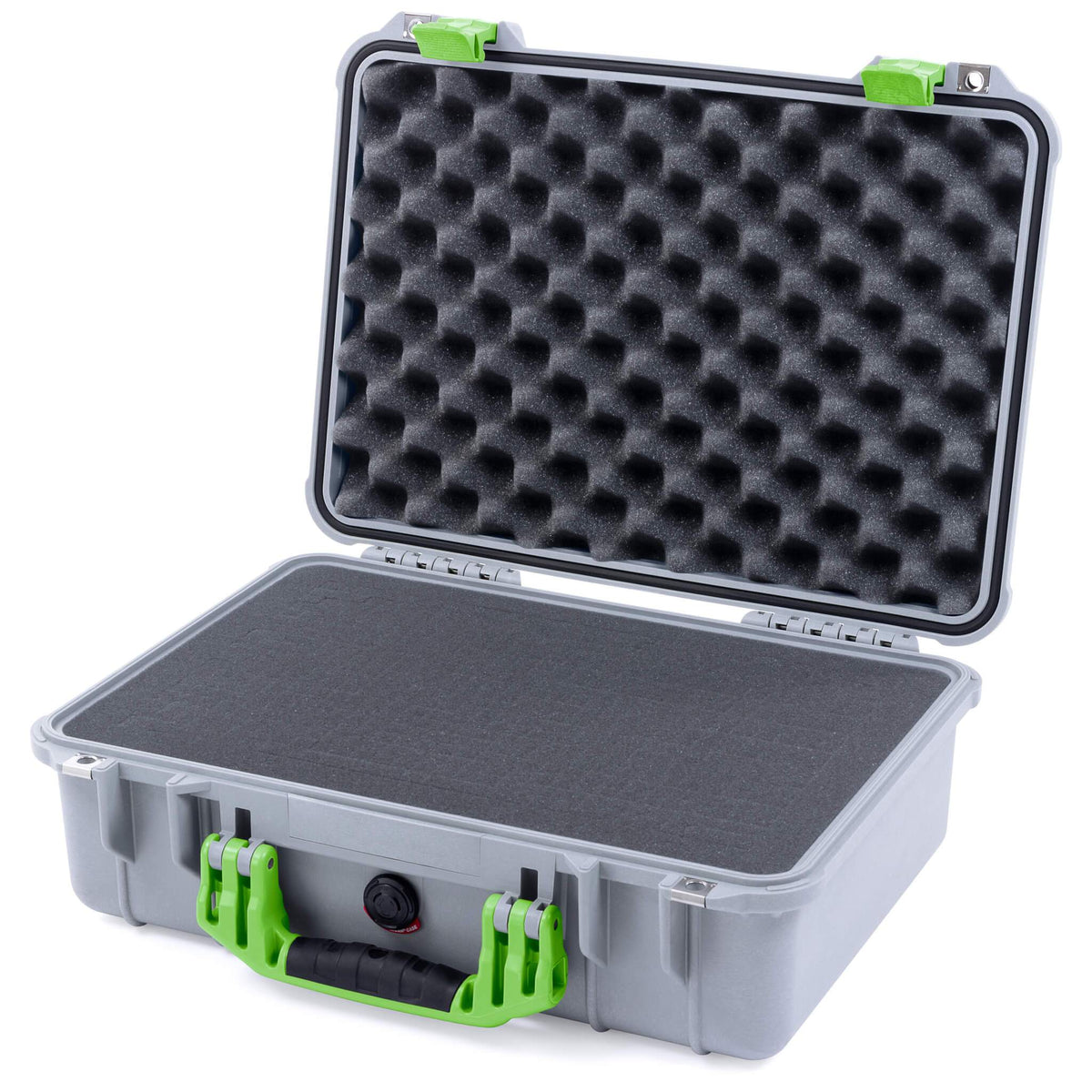 Pelican 1500 Case, Silver with Lime Green Handle &amp; Latches Pick &amp; Pluck Foam with Convolute Lid Foam ColorCase 015000-0001-180-300