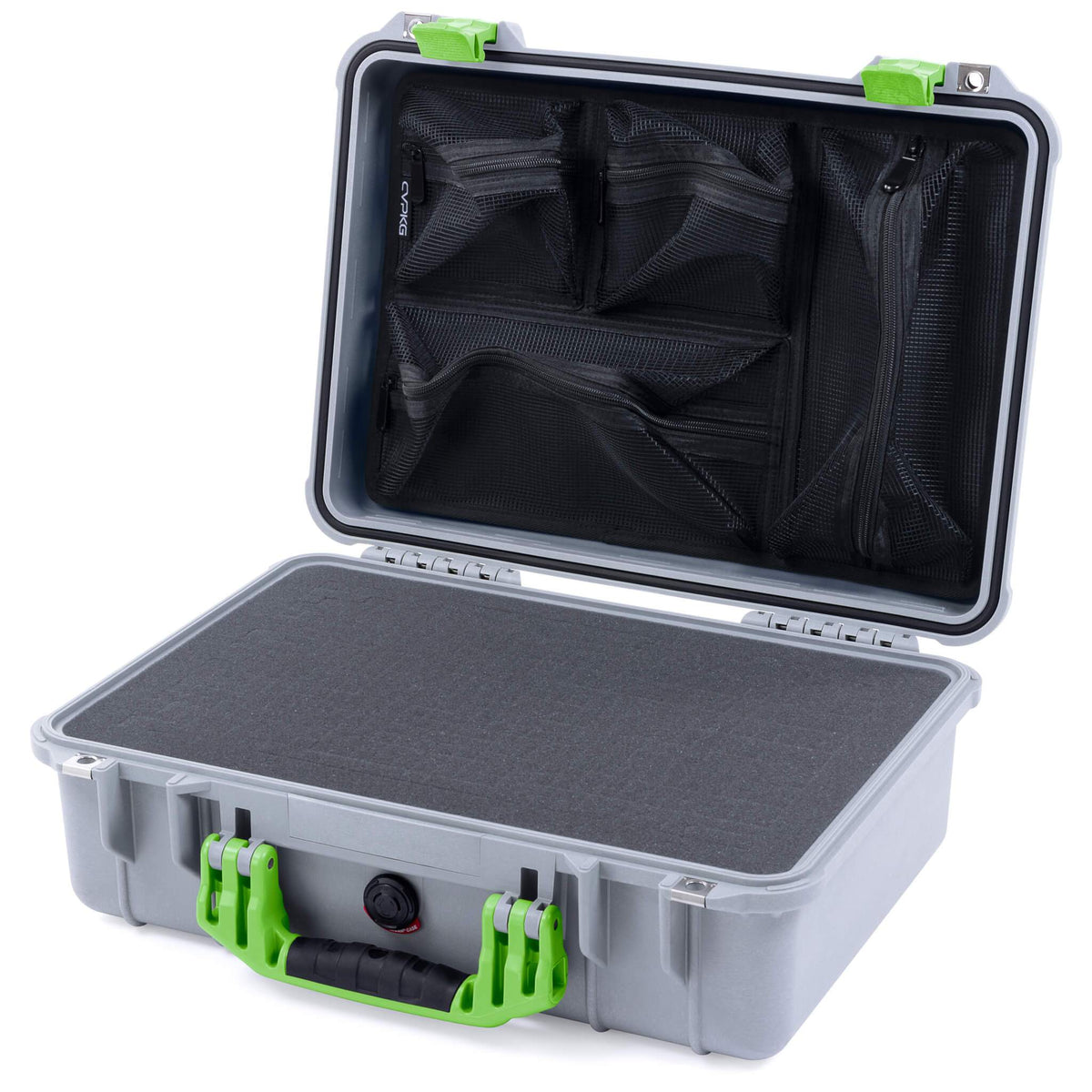 Pelican 1500 Case, Silver with Lime Green Handle &amp; Latches Pick &amp; Pluck Foam with Mesh Lid Organizer ColorCase 015000-0101-180-300
