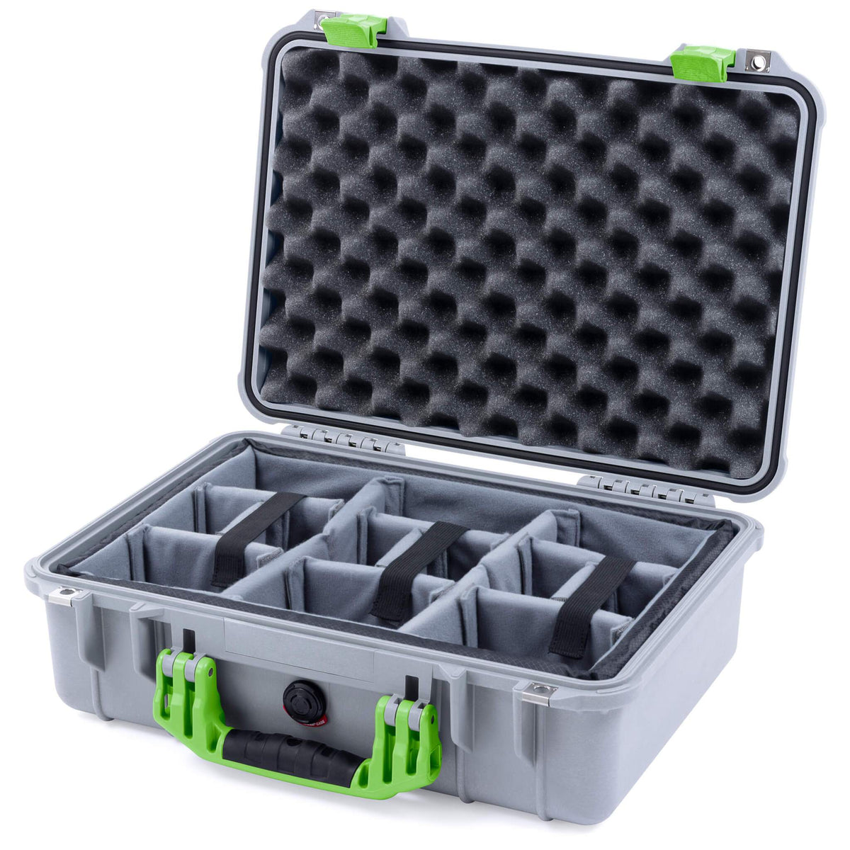 Pelican 1500 Case, Silver with Lime Green Handle &amp; Latches Gray Padded Microfiber Dividers with Convolute Lid Foam ColorCase 015000-0070-180-300