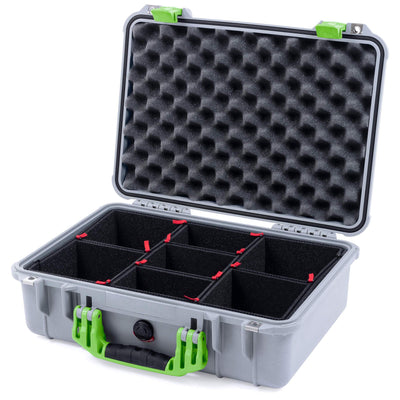 Pelican 1500 Case, Silver with Lime Green Handle & Latches TrekPak Divider System with Convolute Lid Foam ColorCase 015000-0020-180-300