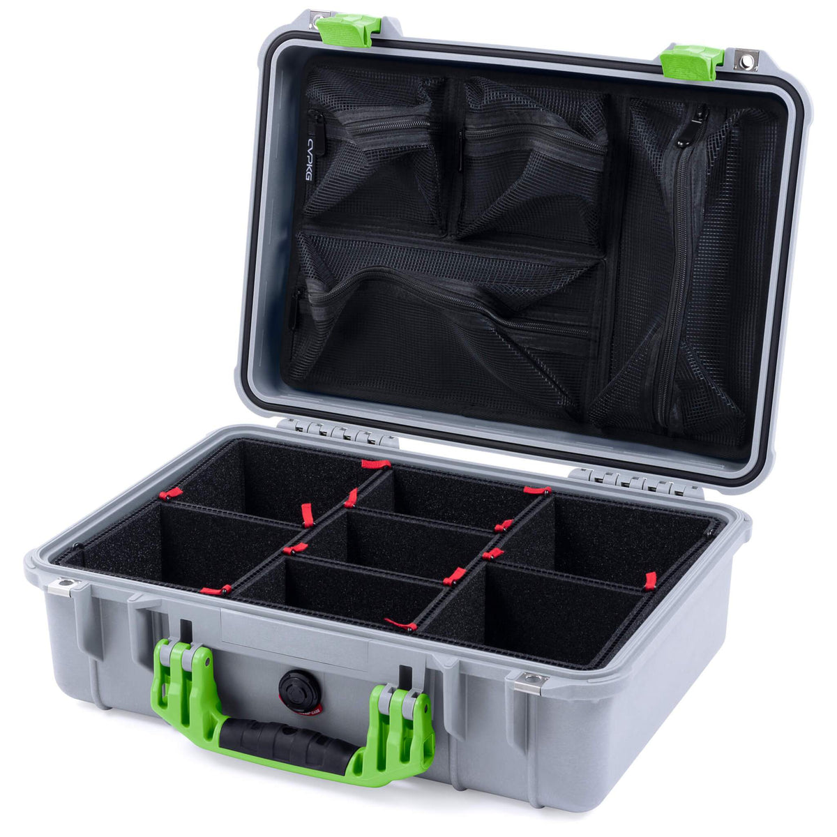 Pelican 1500 Case, Silver with Lime Green Handle &amp; Latches TrekPak Divider System with Mesh Lid Organizer ColorCase 015000-0120-180-300
