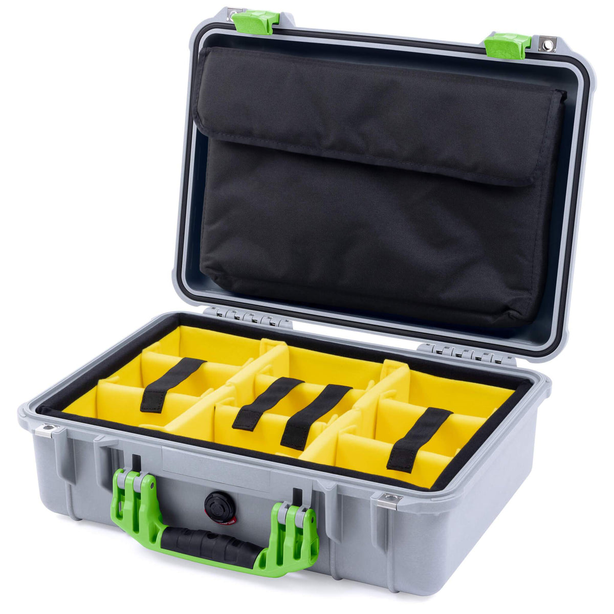 Pelican 1500 Case, Silver with Lime Green Handle &amp; Latches Yellow Padded Microfiber Dividers with Computer Pouch ColorCase 015000-0210-180-300