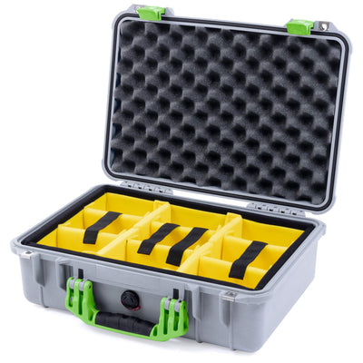 Pelican 1500 Case, Silver with Lime Green Handle & Latches Yellow Padded Microfiber Dividers with Convolute Lid Foam ColorCase 015000-0010-180-300
