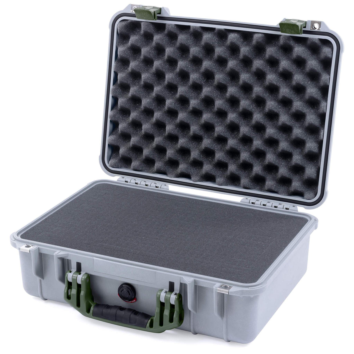 Pelican 1500 Case, Silver with OD Green Handle &amp; Latches Pick &amp; Pluck Foam with Convolute Lid Foam ColorCase 015000-0001-180-130