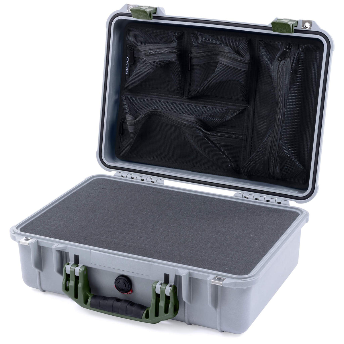 Pelican 1500 Case, Silver with OD Green Handle &amp; Latches Pick &amp; Pluck Foam with Mesh Lid Organizer ColorCase 015000-0101-180-130