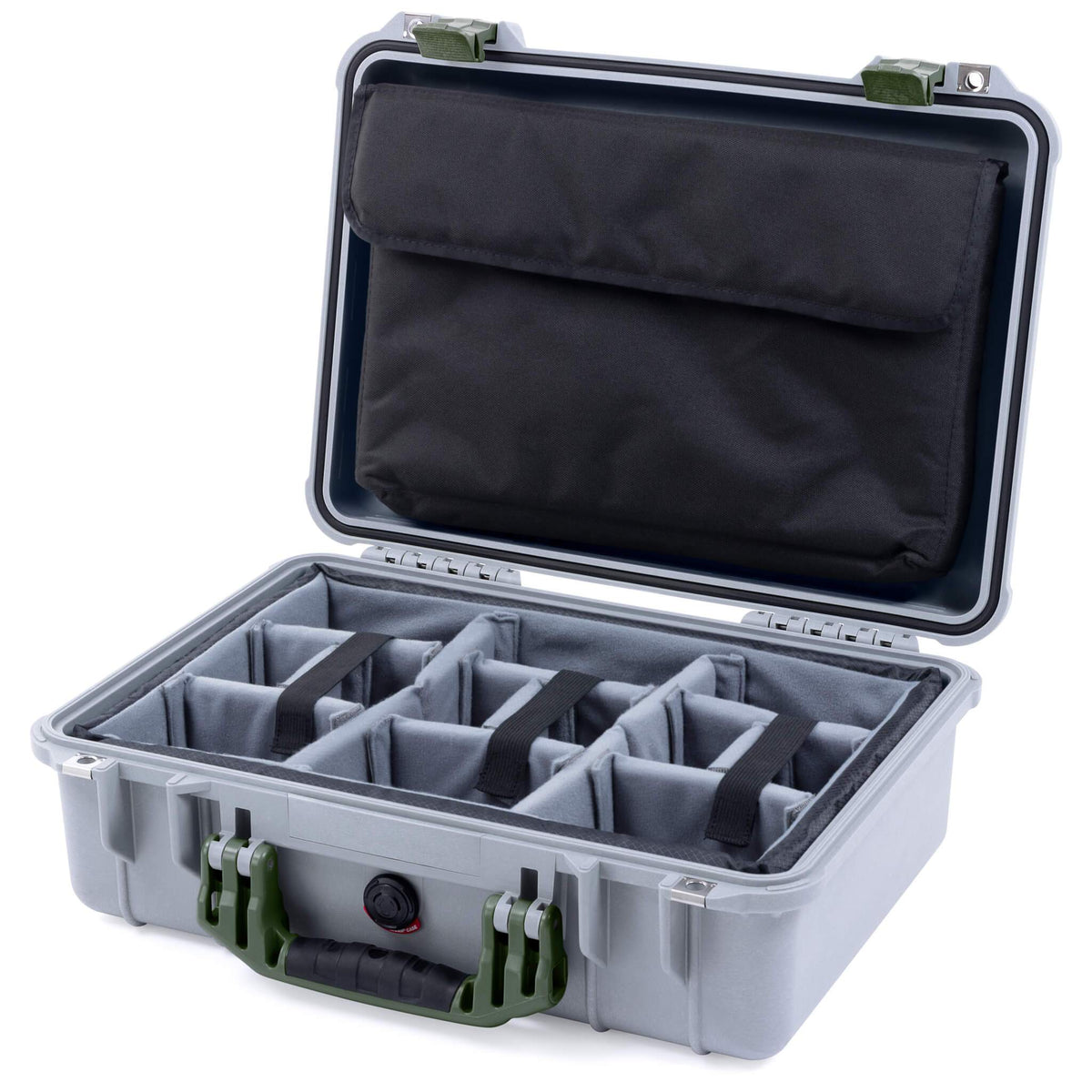 Pelican 1500 Case, Silver with OD Green Handle &amp; Latches Gray Padded Microfiber Dividers with Computer Pouch ColorCase 015000-0270-180-130
