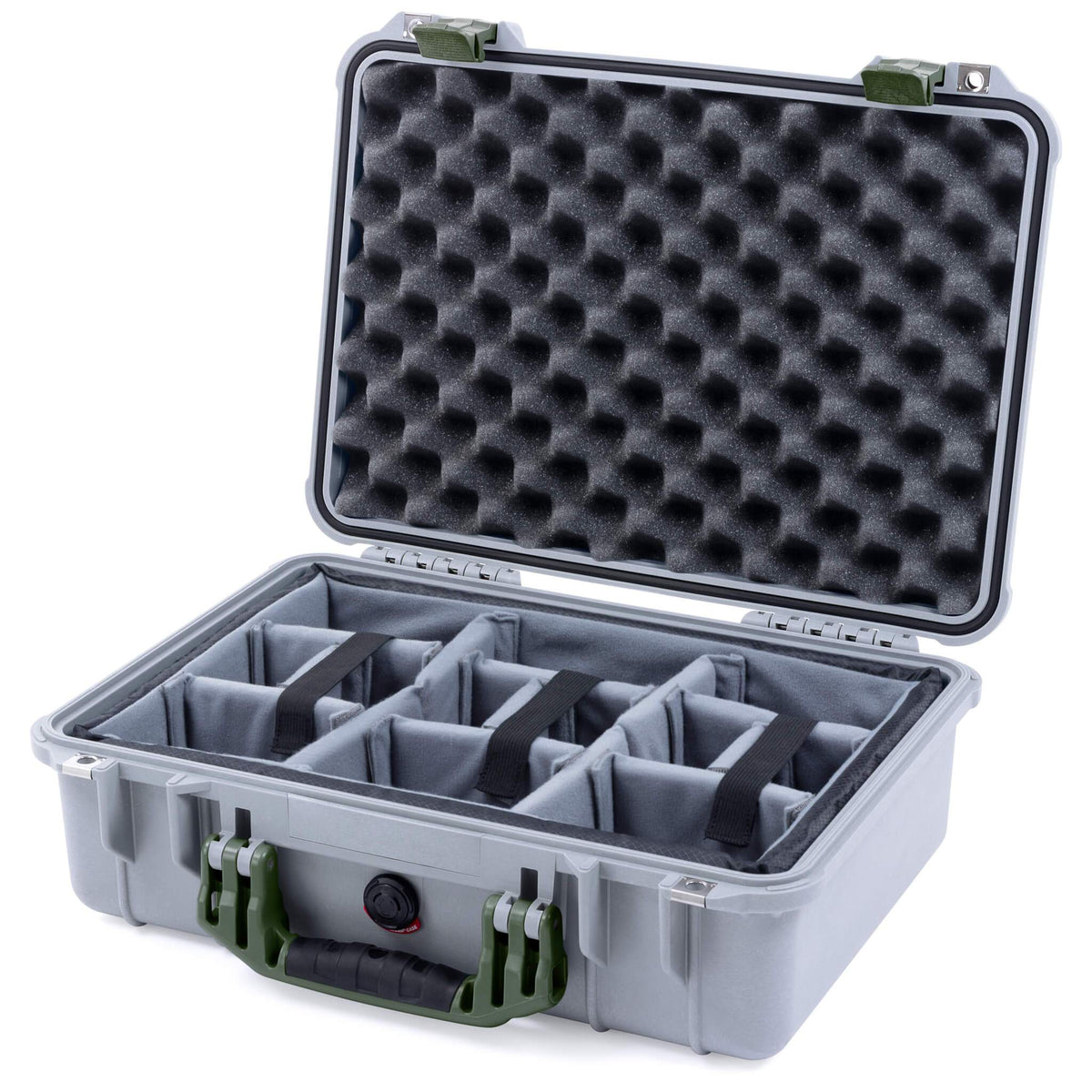 Pelican 1500 Case, Silver with OD Green Handle &amp; Latches Gray Padded Microfiber Dividers with Convolute Lid Foam ColorCase 015000-0070-180-130