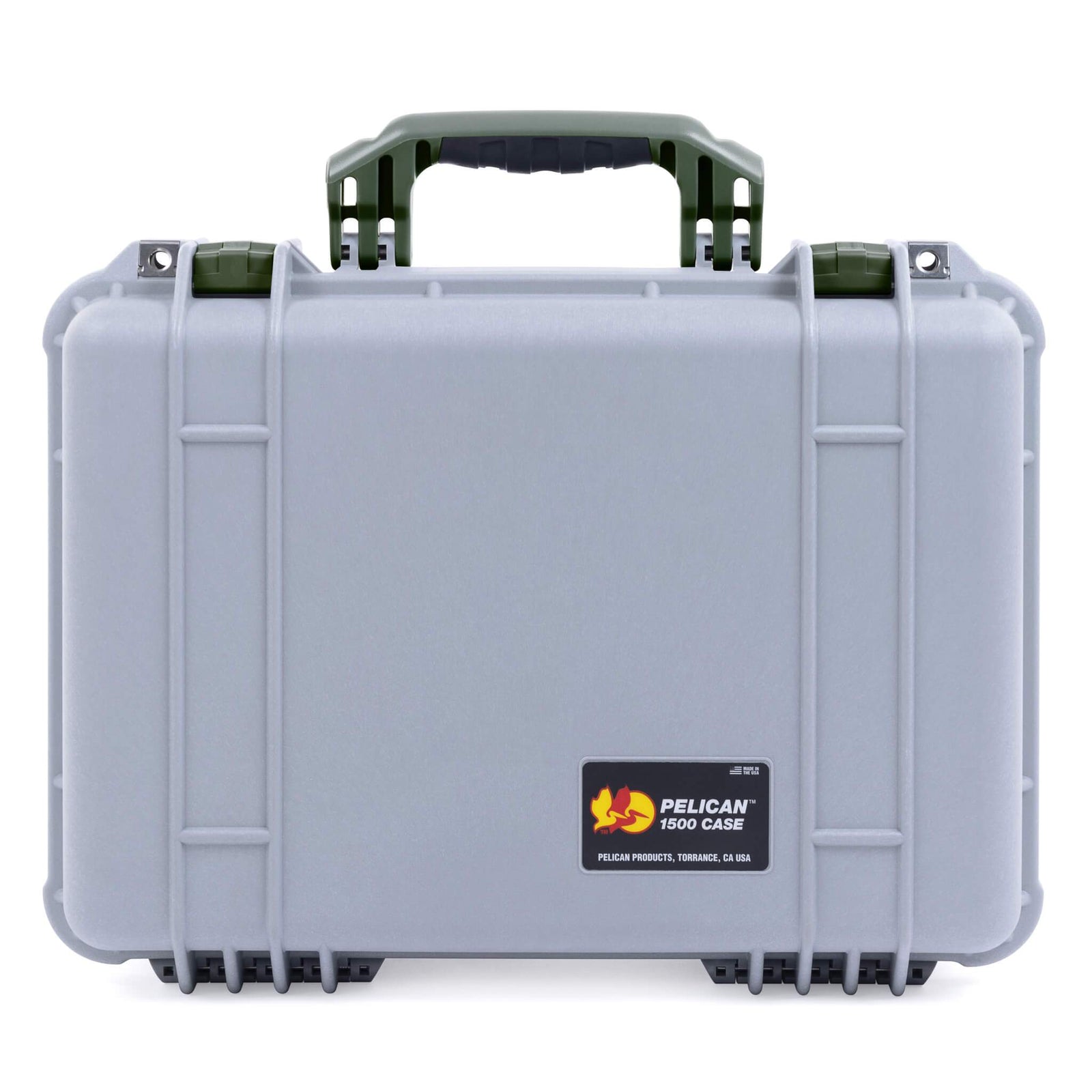 Pelican 1500 Case, Silver with OD Green Handle & Latches ColorCase 