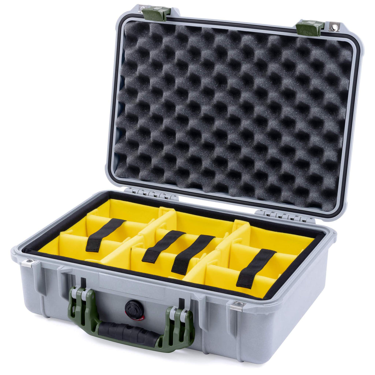 Pelican 1500 Case, Silver with OD Green Handle &amp; Latches Yellow Padded Microfiber Dividers with Convolute Lid Foam ColorCase 015000-0010-180-130