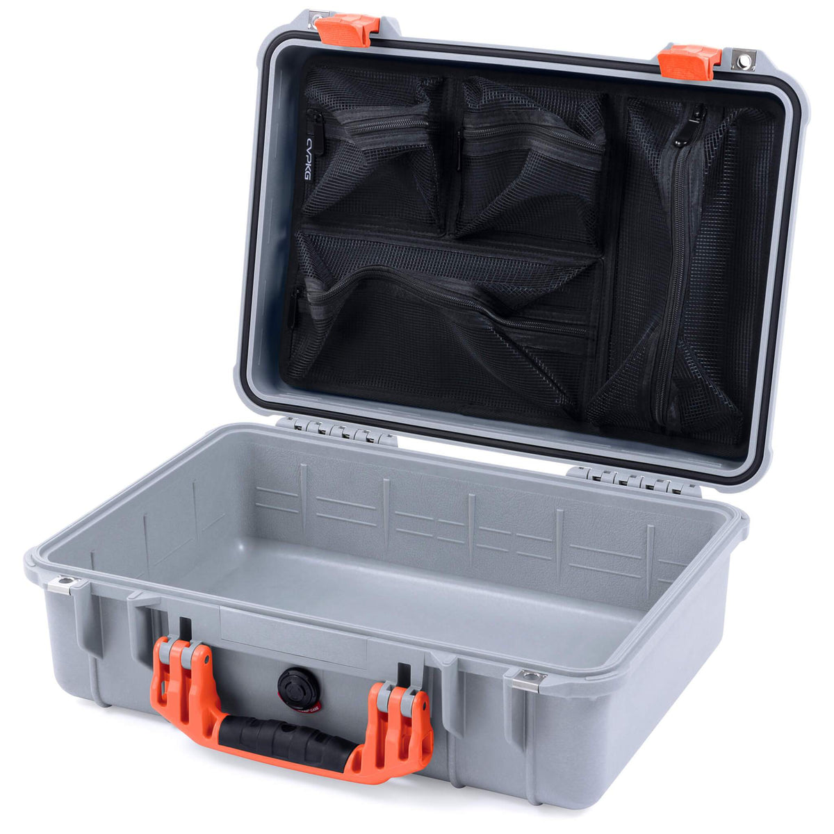 Pelican 1500 Case, Silver with Orange Handle &amp; Latches Mesh Lid Organizer Only ColorCase 015000-0100-180-150