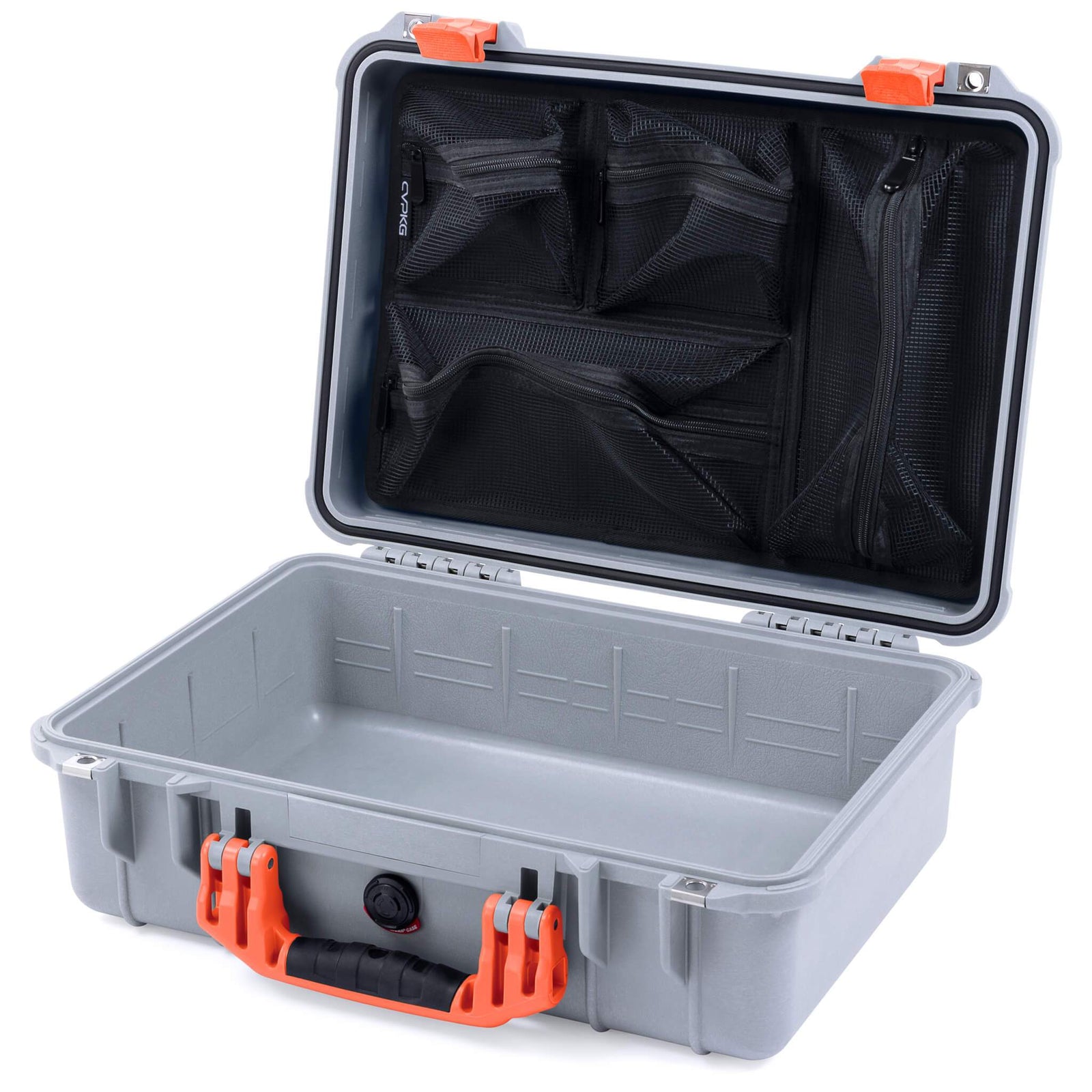 Pelican 1500 Case, Silver with Orange Handle & Latches Mesh Lid Organizer Only ColorCase 015000-0100-180-150