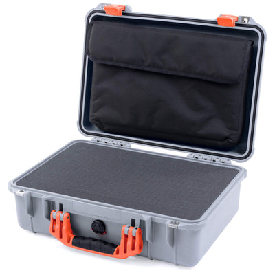 Pelican 1500 Case, Silver with Orange Handle & Latches Pick & Pluck Foam with Computer Pouch ColorCase 015000-0201-180-150