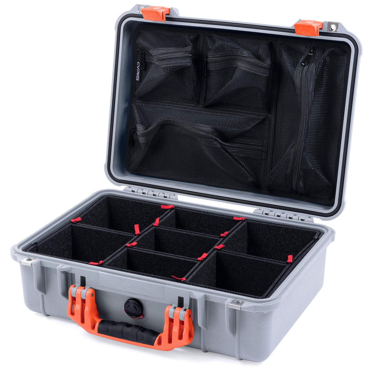 Pelican 1500 Case, Silver with Orange Handle &amp; Latches TrekPak Divider System with Mesh Lid Organizer ColorCase 015000-0120-180-150