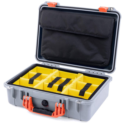 Pelican 1500 Case, Silver with Orange Handle & Latches Yellow Padded Microfiber Dividers with Computer Pouch ColorCase 015000-0210-180-150
