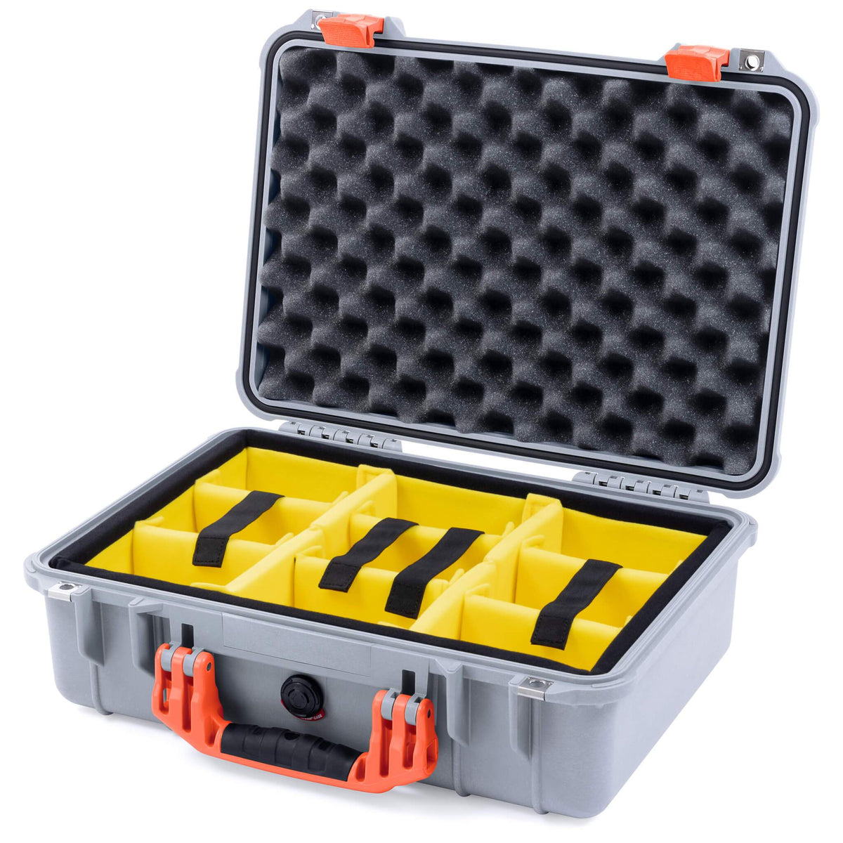 Pelican 1500 Case, Silver with Orange Handle &amp; Latches Yellow Padded Microfiber Dividers with Convolute Lid Foam ColorCase 015000-0010-180-150