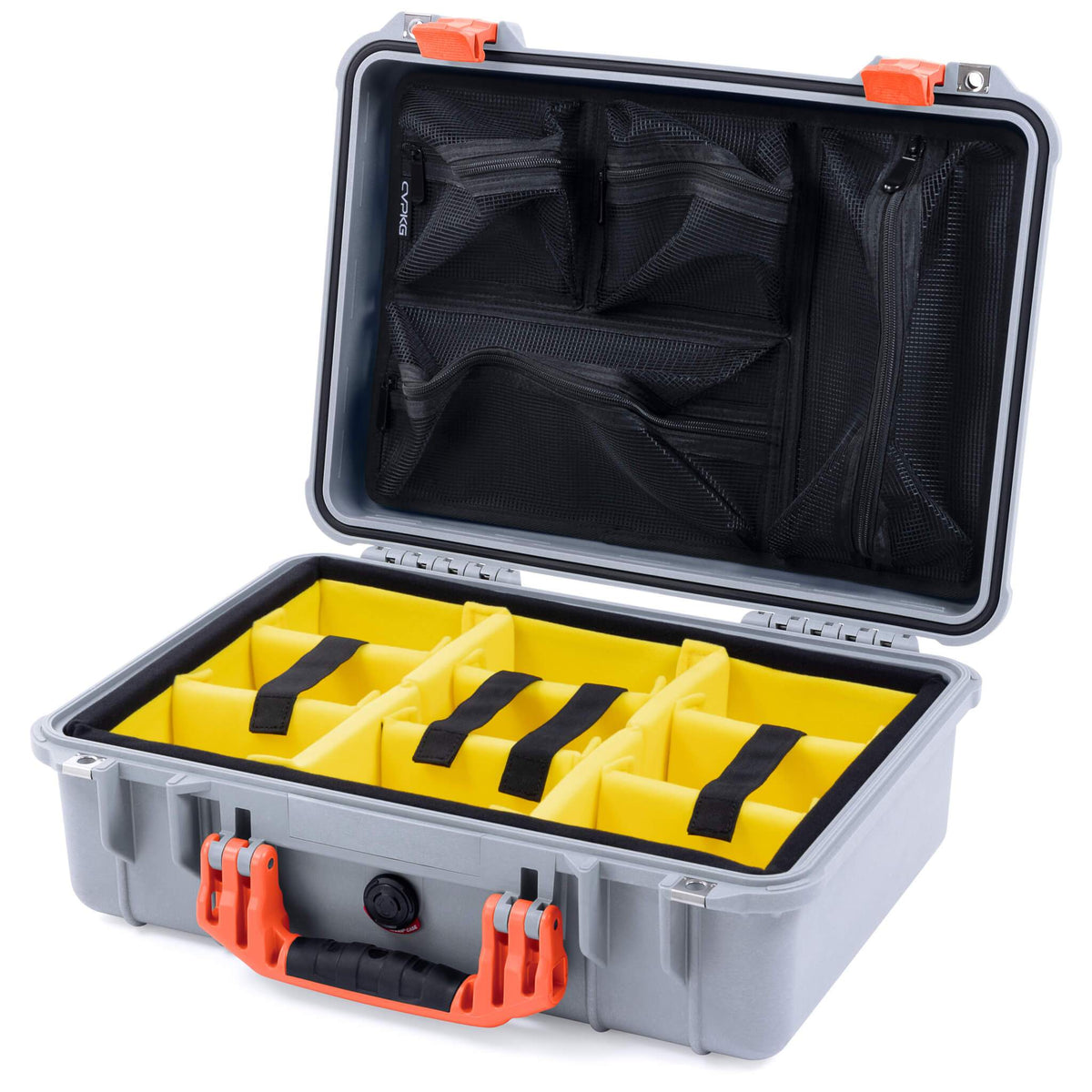 Pelican 1500 Case, Silver with Orange Handle &amp; Latches Yellow Padded Microfiber Dividers with Mesh Lid Organizer ColorCase 015000-0110-180-150