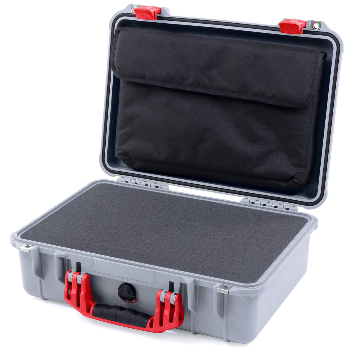 Pelican 1500 Case, Silver with Red Handle &amp; Latches Pick &amp; Pluck Foam with Computer Pouch ColorCase 015000-0201-180-320