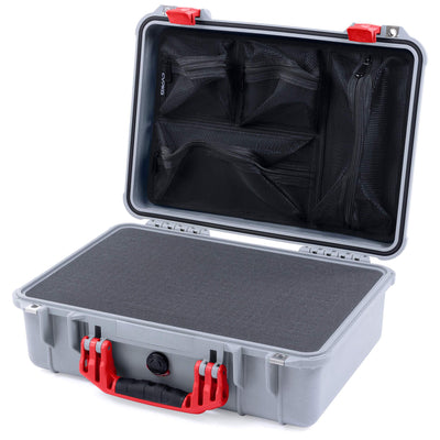 Pelican 1500 Case, Silver with Red Handle & Latches Pick & Pluck Foam with Mesh Lid Organizer ColorCase 015000-0101-180-320