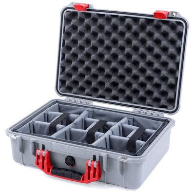 Pelican 1500 Case, Silver with Red Handle & Latches Gray Padded Microfiber Dividers with Convolute Lid Foam ColorCase 015000-0070-180-320