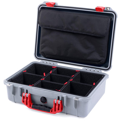 Pelican 1500 Case, Silver with Red Handle & Latches TrekPak Divider System with Computer Pouch ColorCase 015000-0220-180-320
