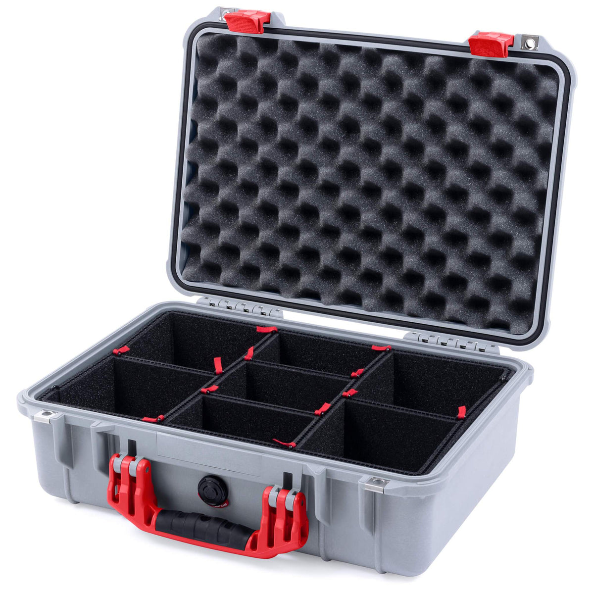 Pelican 1500 Case, Silver with Red Handle &amp; Latches TrekPak Divider System with Convolute Lid Foam ColorCase 015000-0020-180-320