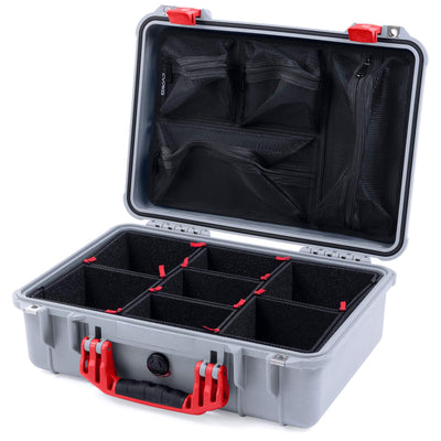 Pelican 1500 Case, Silver with Red Handle & Latches TrekPak Divider System with Mesh Lid Organizer ColorCase 015000-0120-180-320