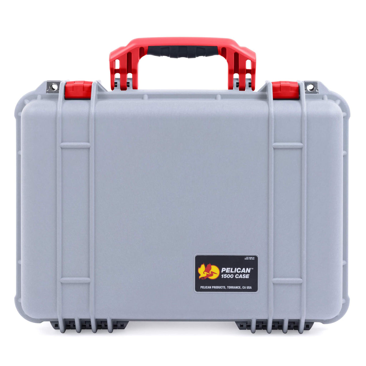 Pelican 1500 Case, Silver with Red Handle &amp; Latches ColorCase 