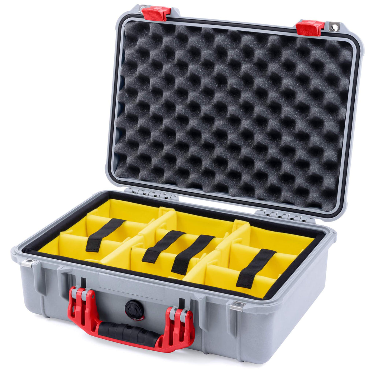 Pelican 1500 Case, Silver with Red Handle &amp; Latches Yellow Padded Microfiber Dividers with Convolute Lid Foam ColorCase 015000-0010-180-320