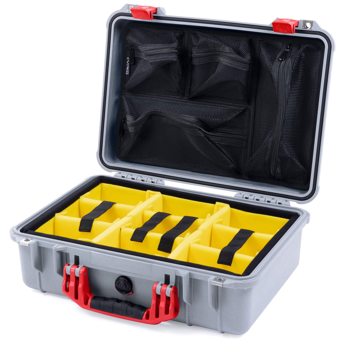 Pelican 1500 Case, Silver with Red Handle &amp; Latches Yellow Padded Microfiber Dividers with Mesh Lid Organizer ColorCase 015000-0110-180-320