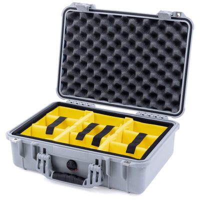 Pelican 1500 Case, Silver Yellow Padded Microfiber Dividers with Convolute Lid Foam ColorCase 015000-0010-180-180