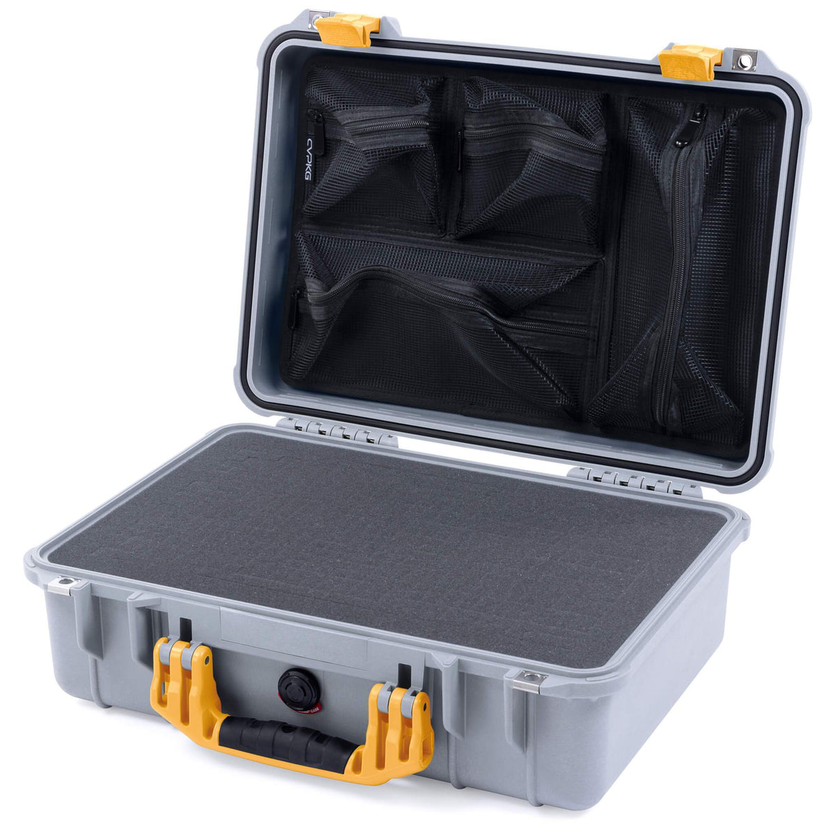 Pelican 1500 Case, Silver with Yellow Handle &amp; Latches Pick &amp; Pluck Foam with Mesh Lid Organizer ColorCase 015000-0101-180-240