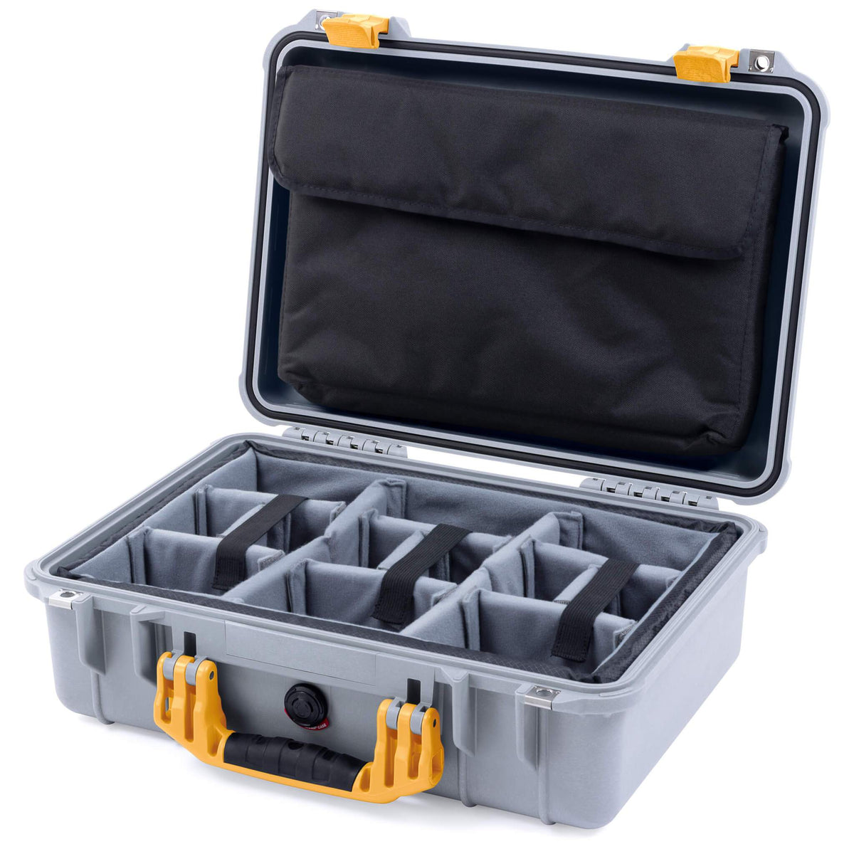 Pelican 1500 Case, Silver with Yellow Handle &amp; Latches Gray Padded Microfiber Dividers with Computer Pouch ColorCase 015000-0270-180-240