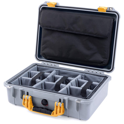 Pelican 1500 Case, Silver with Yellow Handle & Latches Gray Padded Microfiber Dividers with Computer Pouch ColorCase 015000-0270-180-240