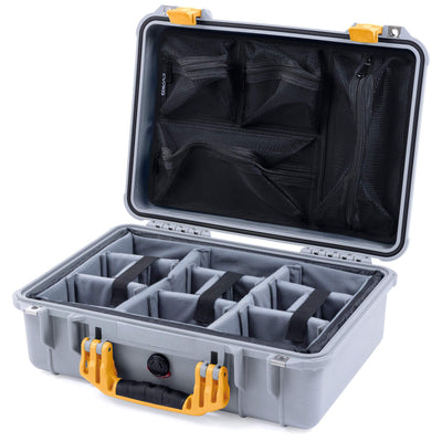 Pelican 1500 Case, Silver with Yellow Handle & Latches Gray Padded Microfiber Dividers with Mesh Lid Organizer ColorCase 015000-0170-180-240