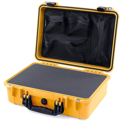 Pelican 1500 Case, Yellow with Black Handle & Latches Pick & Pluck Foam with Mesh Lid Organizer ColorCase 015000-0101-240-110