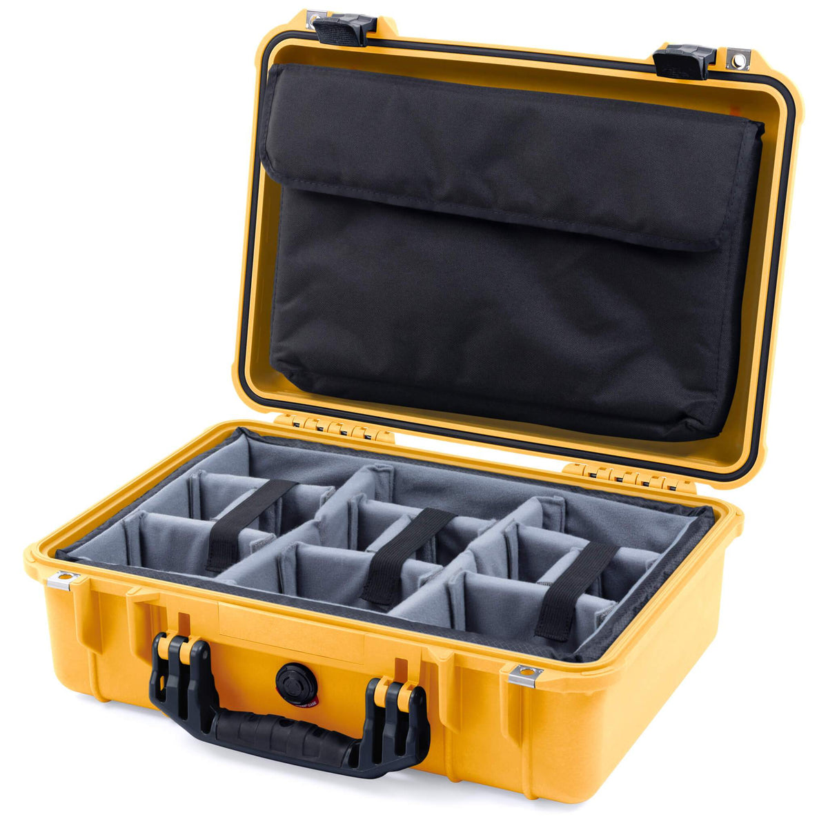 Pelican 1500 Case, Yellow with Black Handle &amp; Latches Gray Padded Microfiber Dividers with Computer Pouch ColorCase 015000-0270-240-110