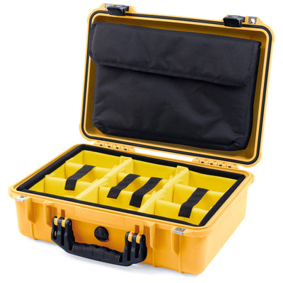 Pelican 1500 Case, Yellow with Black Handle & Latches Yellow Padded Microfiber Dividers with Computer Pouch ColorCase 015000-0210-240-110